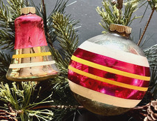 2 VTG USA Classic Shiny Brite Ornaments: Bell & Ball -Pink/White/Yellow Stripes picture
