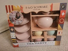 FAO Schwarz Ceramic Tea Party Set 9pc Pastel Pink Yellow Cups Saucer Tea Pot picture