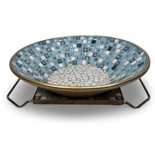 Vintage MCM Blue White Gray Mosaic Tile Bowl and Stand Set Made in Canada picture