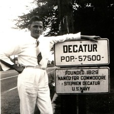 c1930s Decatur, IL Road Sign Man White Suit Snapshot Photo Stephen Decatur Vtg picture