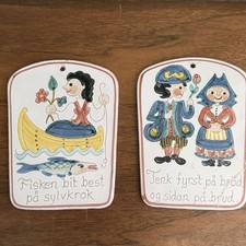 Pair 2 Vintage Norwegian Ceramic Wall Plaques Folk Art Proverbs Fish Bride picture