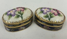 Vintage Pair of Needlepoint Petit Cloisonne Enamel Oval Trinket Pill Box Floral picture