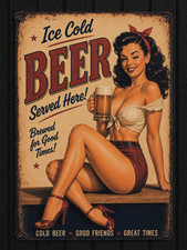 Ice Cold Beer Pin Up Metal Sign Vintage Bar Pub Garage Man Cave Wall Decor 8x12 picture