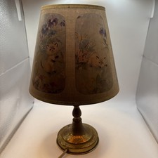 Vintage MCM Brass Bass Table Lamp With Floral Kittens Motif Shade. 13H picture
