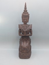 Vintage Thai Thepphanom Celestial Guardian Hand Carved Solid Wood Statue 12” picture