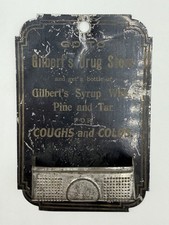 Antique Gilbert’s Drug Store Pine & Tar Cough Syrup Display Sign Tin Litho picture