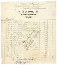1939 Electrical Contractor Invoice from R.E. York – Northumberland, NH to Grover picture