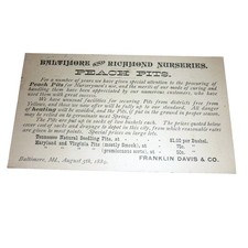 1889 Antique Trade Card Baltimore Richmond Nurseries Peach Pits History Ephemera picture