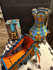 Native American US handmade beaded lot of 3: vase & basket bird figure picture