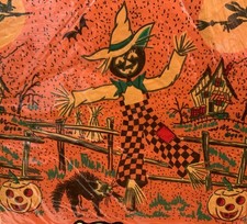 Vintage Handi-Set Halloween Paper Table Cover 1950s Scarecrow Black Cat JOL picture