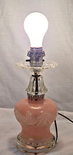 Vintage Peach Satin Frosted Glass Table Lamp Embossed Grapes & Leaf 11'' Working picture