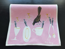 Vintage Lois Long Linen Tea Towel Mid Century Birds & Coffee Cups Pink picture