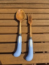 Antique Wedgwood Jasperware Serving Spoon And Fork Wooden Tops picture