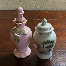 2 Miniature Porcelain Decorative Bottles w/ Stoppers, Pink White Floral Glossy picture