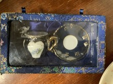 Vintage Miniature Miniature Porcelain Tea Cup & Saucer Set Blue Silk Brocade Box picture