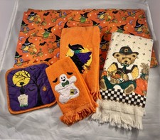 Vtg 90’s Halloween Hand Towel Tablecloth Ghost Witch Fall Bear Cat Owl Bat Moon picture