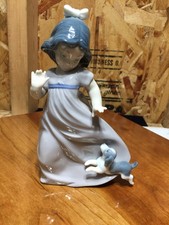 VTG 1987 Nao By Lladro Porcelain Daisa Girl Running With Dog Blue Gray Tones picture