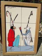 OUTSTANDING VINTAGE 1989 SAM ENGLISH NATIVE AMERICAN INDIAN WALL TILES PAINTING picture