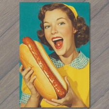 POSTCARD Retro Pinup Woman Giant Hot Dog Midcentury Advertising Style Poster picture