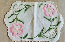 Vintage Embroidered Linen Doilies Set of 2 Pink Floral Cottagecore Linens picture