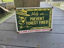 VINTAGE 1960'S SMOKEY THE BEAR HELP PREVENT FOREST FIRES PORCELAIN SIGN 12 X 8. picture