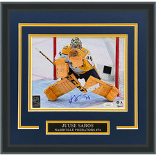 Juuse Saros Autographed Nashville Predators (Horiz Glove Save) Deluxe Framed 8x1 picture
