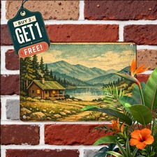 Rustic Mountain Cabin Metal Sign Vintage Wilderness Lodge Decor Plaque picture