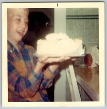 Vtg Color Snapshot Smiling Boy In Plaid Shirt Holding Large Birthday Cake 1960s picture