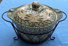 Temptations Old World Green 2.5 Qt Round Covered Baking Dish, Trivet &Basket picture