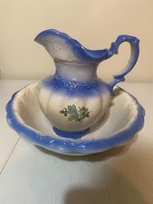 Vintage Blue White Wash Basin Pitcher Set Farmhouse Cottage Decor picture