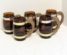 5 Vtg 1960’s Siesta Ware Amber Brown Glass Barrel Mug Wood Handle Brass Trim picture