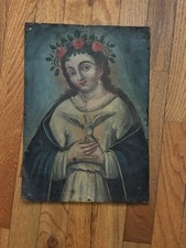 Rare Mexican 19th century Retablo oil painting on tin picture