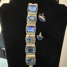 Vintage Taxco Sterling Silver and Blue Carved Glass Bracelet And Earrings 68 Gr picture