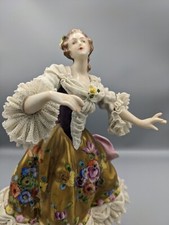 Vintage Large German Volkstedt Porcelain Lace Figurine Dancer in Golden Dress 9