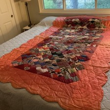 Vintage  Patchwork Quilt Made With Ties Handmade Satin Cotton 50x82” picture