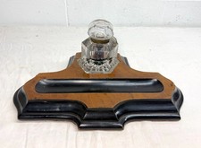 Antique 19th century handmade European wood glass inkwell pen holder stand picture