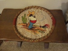 Vintage and Rare Collectible Mexican Folk Art Wood Rancho Craft Rope Edge Plaque picture