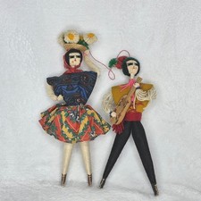 Vintage Handcrafted Yarn Wrapped Folk Art Dolls Musician & Flower Basket Set 2 picture