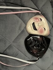 vtg clay art mask classic comedy tragedy faces 1992 glossy hanging ribbons  picture