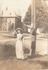 Antique Photo Edwardian Woman Police Call Box Utility Pole Victorian House USA picture
