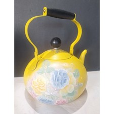 Vintage Portugal Yellow Hand Painted Floral Metal Tea Kettle Wood Handle 9 Inch picture