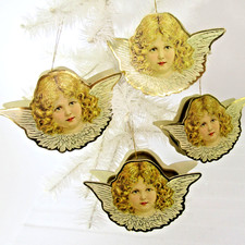 4 Merrimack vtg Christmas ornaments treat gift boxes Victorian angels cardboard picture