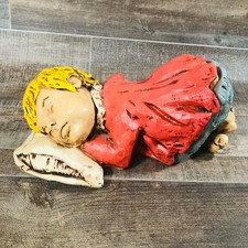 VTG Handcrafted Clay Folk Art Figurine Sleeping Child w/ Teddy Bear 1980s Decor picture