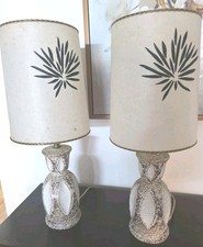 Pair MCM Vtg Quartite Chalkware Table Lamps & Shades Spatter Atomic MCM 20.5