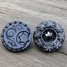Antique Black Glass Buttons Moon & Stars Set Victorian pictorial Astrological x2 picture