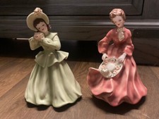 2 Vintage Florence Ceramics Porcelain Victorian Lady Figurines Green Pink Dress picture