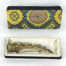 Antique Chinese Silver Filigree Jade and Gemstone Fingernail Guard Pin picture