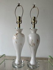 Pair Murano Italy White Gold Art Glass Table Lamps Lucite Bases Vintage picture