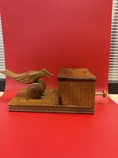 Vintage Mid Century Modern Carved Wood Cigarette Dispensers With Mechanical Bird picture