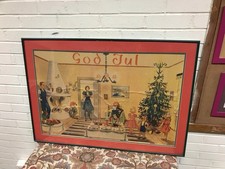 ANTIQUE VTG “GOD JUL” CHRISTMAS FAMILY SCENE ON CREPE TISSUE PAPER LARGE FRAMED  picture
